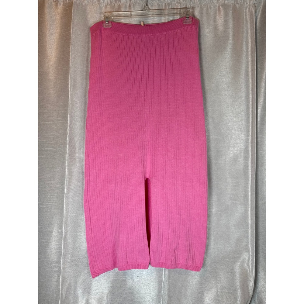 Hot‎ Pink Ribbed Knit Midi Skirt Split Side Elastic Waist Flattering Fit
